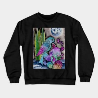 Watercolor original Bird on Cactus with Moon Crewneck Sweatshirt